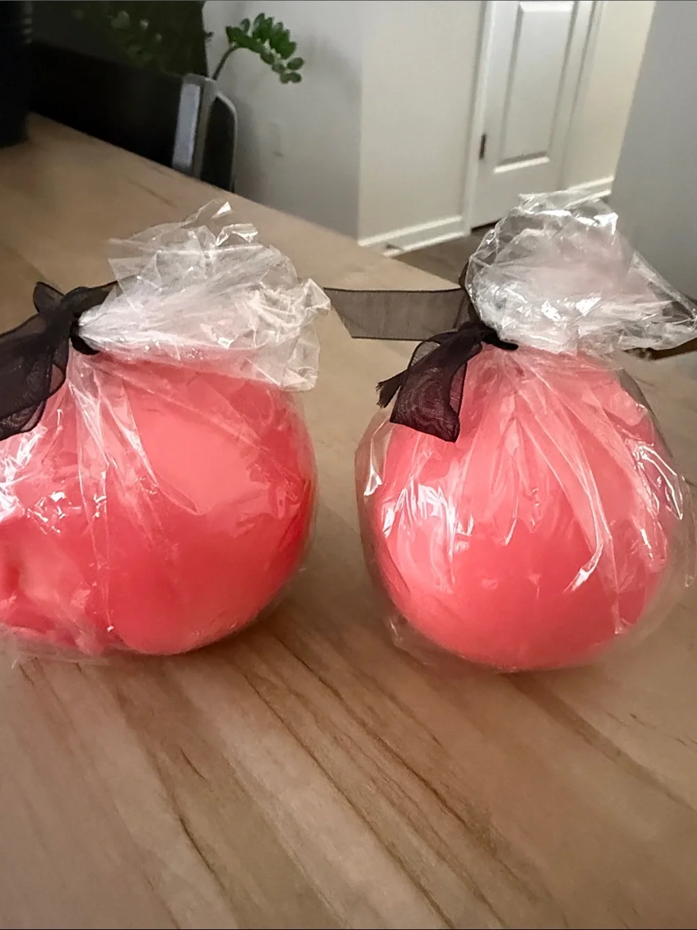Pink Skull Candle Pair with Black Ribbon Accent